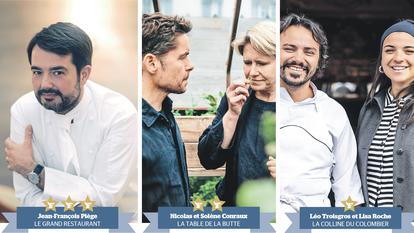 Jean-François Piège (Le Grand Restaurant), Nicolas et Solène Conraux (La Table de la Butte), Léo Troisgros et Lisa Roche (La Colline du Colombier).