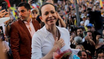 La dirigeante de l’opposition vénézuélienne et lauréate du prix Nobel de la paix, María Corina Machado, au Chili, à Santiago, au Chili, le 12 mars 2026.