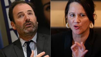 Le conseiller municipal Foulques Chombart de Lauwe (LR) et la maire-candidate de Nantes, Johanna Rolland (PS).