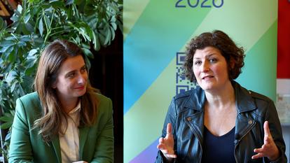 La patronne des Verts, Marine Tondelier, aux côtés de Jeanne Barseghian, maire sortante écologiste de Strasbourg (Bas-Rhin).