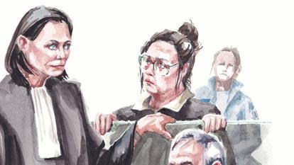 Le dessin représente l'accusée et ses deux avocats, Me Charlotte Bres et Me Remi Goehrs. France / Avignon/ Palais de justice/ 19/03/2026