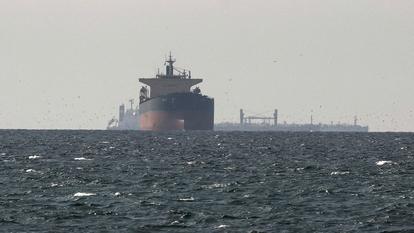 Des navires de cargaison dans le Golfe, près du détroit d’Ormuz, vus du nord de Ras al-Khaimah, près de la frontière avec la gouvernance de Musandam d’Oman, au milieu du conflit américano-israélien avec l’Iran, aux Émirats Arabes Unis, le 11 mars 2026.