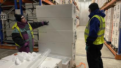 Au sein du site de stockage de l’Institut des Géosciences de l’Environnement (IGE) de Grenoble, des carottes de glace sont conservées à la température de -20 °C pour être analysées par les glaciologues.