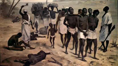 Convoi d’esclaves en Afrique. Peinture anonyme apportée par l’association internationale africaine pour l’exposition de 1878. Paris, Musée du quai Branly.