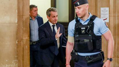 L’ancien président Nicolas Sarkozy à son arrivée au tribunal d’appel de Paris, mercredi.