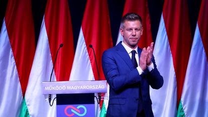 Peter Magyar, chef du parti d’opposition TISZA lors d’un meeting à Budapest.