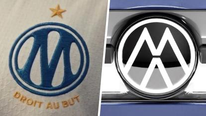 À gauche, le nouveau logo de l’OM, et à droite, celui de Volkswagen, renversé.
