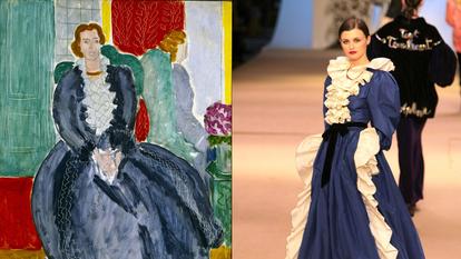 Quand Yves Saint Laurent regarde la célèbre « Robe bleue » de Matisse (à gauche) et la réinvente en 1981 pour sa Collection haute couture (à droite).