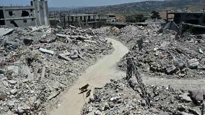 Les décombres des maisons et des commerces rasés par l’armée israélienne, dans le village de Tibnin, au sud du Liban, le 24 juin 2026.