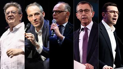 Jean-Luc Mélenchon, Raphaël Glucksmann, Édouard Philippe, Bruno Retailleau et Jordan Bardella.