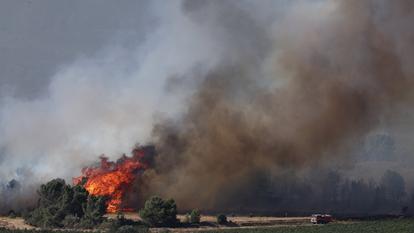 Les pompiers luttent contre l’incendie de Pouzols-Minervois (Aude), le 2 juillet 2026.