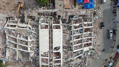 Une vue par drone des dégâts causés par le séisme meurtrier survenu à La Guaira au Venezuela.