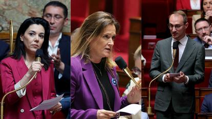 Sophia Chikirou (LFI), Olivia Grégoire (Renaissance) et Théo Barhardt (RN).
