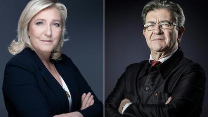 Marine Le Pen (à g.) et Jean-Luc Mélenchon (à dr.) sont tous les deux candidats à l’élection suprême pour la quatrième fois consécutive. La première est donnée très largement victorieuse face au second.