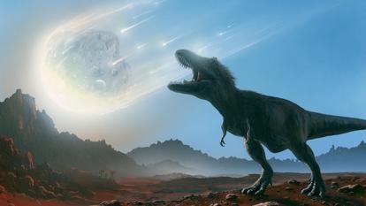 Vue d’artiste d’un dinosaure et de la météorite dont l’impact sur Terre a déclenché la disparition de 75 % des espèces il y a 66 millions d’années.