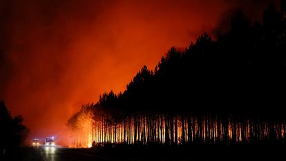 Un feu de forêt brûle dans une zone forestière du département de la Gironde, le 22 juillet 2026.
