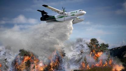 Vue d’artiste d’un ATR 72 transformé en bombardier d’eau, avec les flotteurs conçus par la start-up toulousaine Positive Aviation.