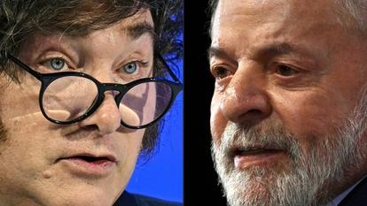 Le président argentin Javier Milei à Davos le 21 janvier 2026 ; le président brésilien Luiz Inácio Lula da Silva à Brasília, le 3 avril 2025.