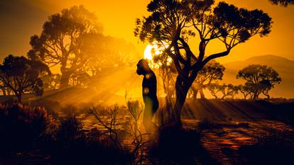Vue d’artiste d’un australopithèque dans la savane africaine.