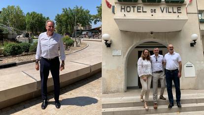 Renaud Muselier (à gauche), le président de la région Provence-Alpes-Côte d’Azur fait face à Valérie Boyer (à droite), venue rencontrer le maire de La Bouilladisse (au milieu), avec son colistier, Pascal Chauvin.