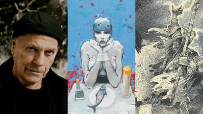 Enki Bilal et deux personnages issus de Bleu sang (1994) et du Vaisseau de pierre (1976).