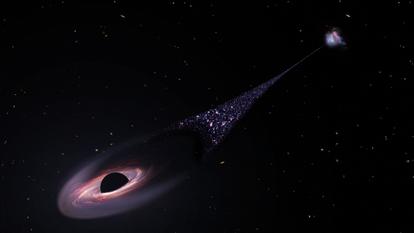 Un trou noir supermassif « en fuite », éjecté de sa galaxie hôte à la suite d’une interaction avec deux autres trous noirs.