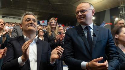 Gérald Darmanin et Edouard Philippe lors d’un meeting d’Horizons à Lille, le 16 mars 2025