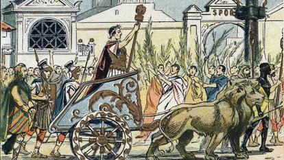 Le cortège triomphal de Jules César en 46 av. J.-C., fin du XIXe siècle (gravure), par E. Letellier.