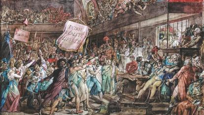la prise du Palais des Tuileries, derrière les barreaux sont visibles la reine Marie Antoinette et le roi Louis XVI, d'après le dessin à la plume de François Gerard (1770-1837).