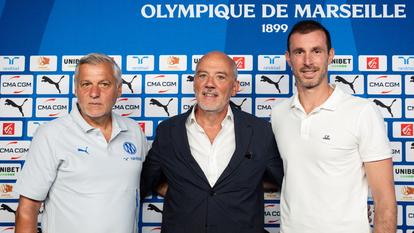 Bruno Genesio, Stéphane Richard et Grégory Lorenzi, les nouveaux hommes forts de l’Olympique de Marseille.