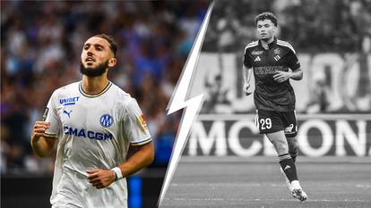 Amine Gouiri et Samir El Mourabet lors de Marseille-Strasbourg, vendredi soir, au stade Vélodrome.