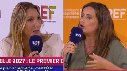 Amélie Carrouër et Marine Tondelier lors du débat organisé à Roland-Garros par le Medef, diffusé sur LCI.