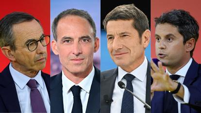 Bruno Retailleau (LR), Raphaël Glucksmann (Place publique), David Lisnard (Nouvelle Énergie) et Gabriel Attal (Renaissance).