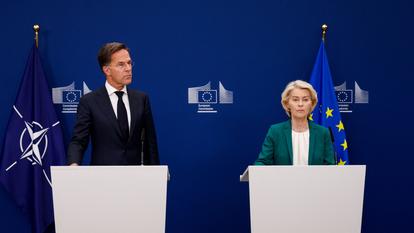 Mark Rutte, secrétaire général de l’Otan, et Ursula von der Leyen, présidente de la Commission européenne, à Bruxelles, mercredi 2 septembre 2026.