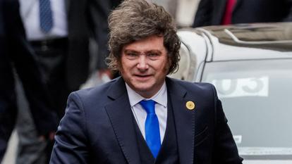 Photo du président argentin Javier Milei qui arrive au palais Torre Tagle, à Lima (Pérou), le 28 juillet 2026. (Photo d’illustration)