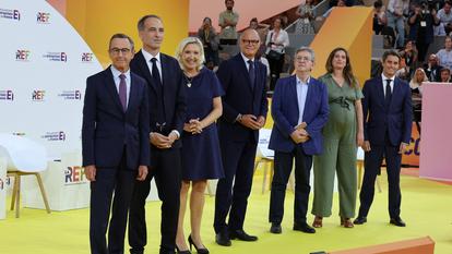 Les candidats à l’élection présidentielle française de 2027 au débat du forum d’été du MEDEF à Paris, le 27 août 2026.