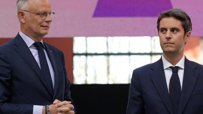 Officiellement, Édouard Philippe comme Gabriel Attal (ici à La Cité du Cinéma, à Saint-Denis (Seine-Saint-Denis), le 6 avril 2025) continuent de plaider pour l’union avant le premier tour.