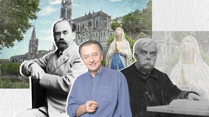 D’Émile Zola à Philippe Muray, en passant par Léon Bloy (de gauche à droite), des auteurs se sont opposés dans leurs visions de la cité mariale (en arrière-plan, la basilique Notre-Dame-du-Rosaire de Lourdes) et des pèlerinages de malades qu’elle accueille.