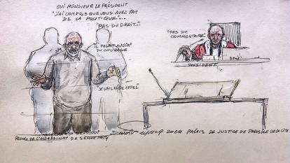 Ce croquis d’audience réalisé le 20 décembre 2024 montre l’accusé Abdelhakim Sefrioui (à gauche), un militant islamiste franco-marocain âgé de 65 ans, lors du procès de huit adultes poursuivis pour leur implication dans la décapitation djihadiste de l’enseignant Samuel Paty en 2020, devant la Cour d’assises spéciale de Paris, au Palais de Justice, à Paris. (Image d’illustration)