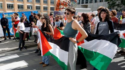 Manifestation propalestinienne aux abords de l’université belge de Gand, le 19 septembre 2025.