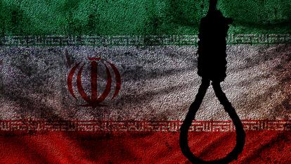Drapeau iranien avec la silhouette du gibet.