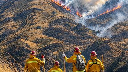 Des pompiers péruviens surveillant un incendie dans la Vallée Sacrée des Incas, près de la route principale menant au Machu Picchu, à la périphérie de Yanahuara, dans le département de Cusco, au Pérou, le 3 octobre 2026.