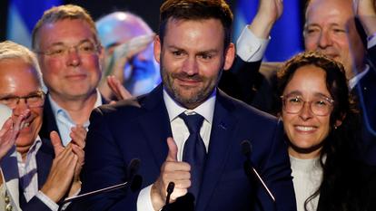 Paul Saint-Pierre Plamondon, chef du Parti québécois (PQ), lors de son discours de victoire aux dernières élections provinciales, 6 octobre 2026.