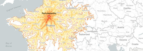Cette carte indique toutes les villes accessibles en train en moins de cinq heures depuis chez soi
