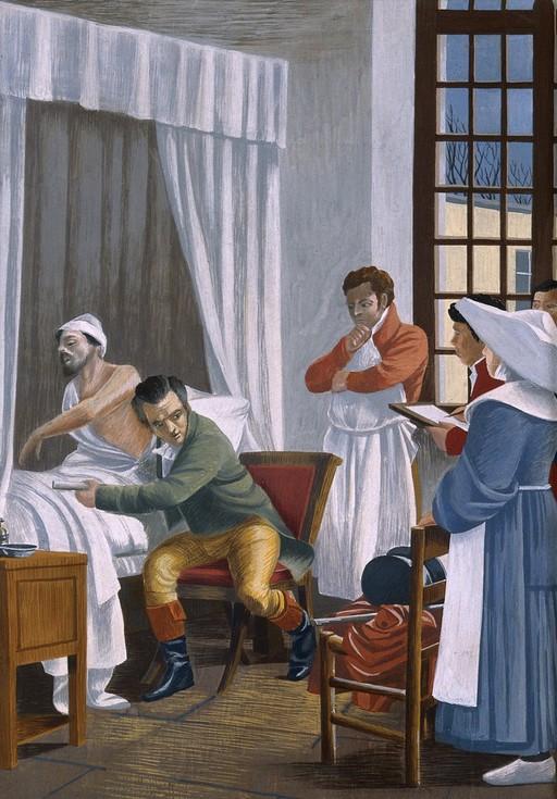 René Laënnec auscultant un patient tuberculeux à l'hôpital Necker, Paris. Par Chartran, Théobald (1816)