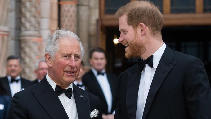 Charles III et le prince Harry lors de l’avant première du film Our Planet au musée d’Histoire naturelle. (Londres, les 4 avril 2019.)