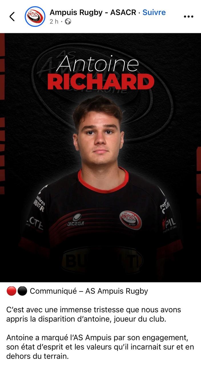 Rugby : décès d’Antoine Richard, jeune joueur d’un club du Rhône qui ...