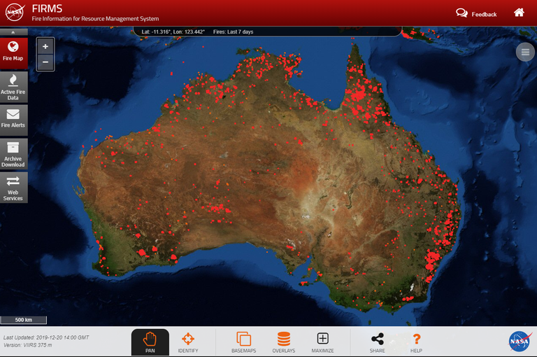 Capture d'écran des feux en Australie, selon la Fire Map de la NASA.