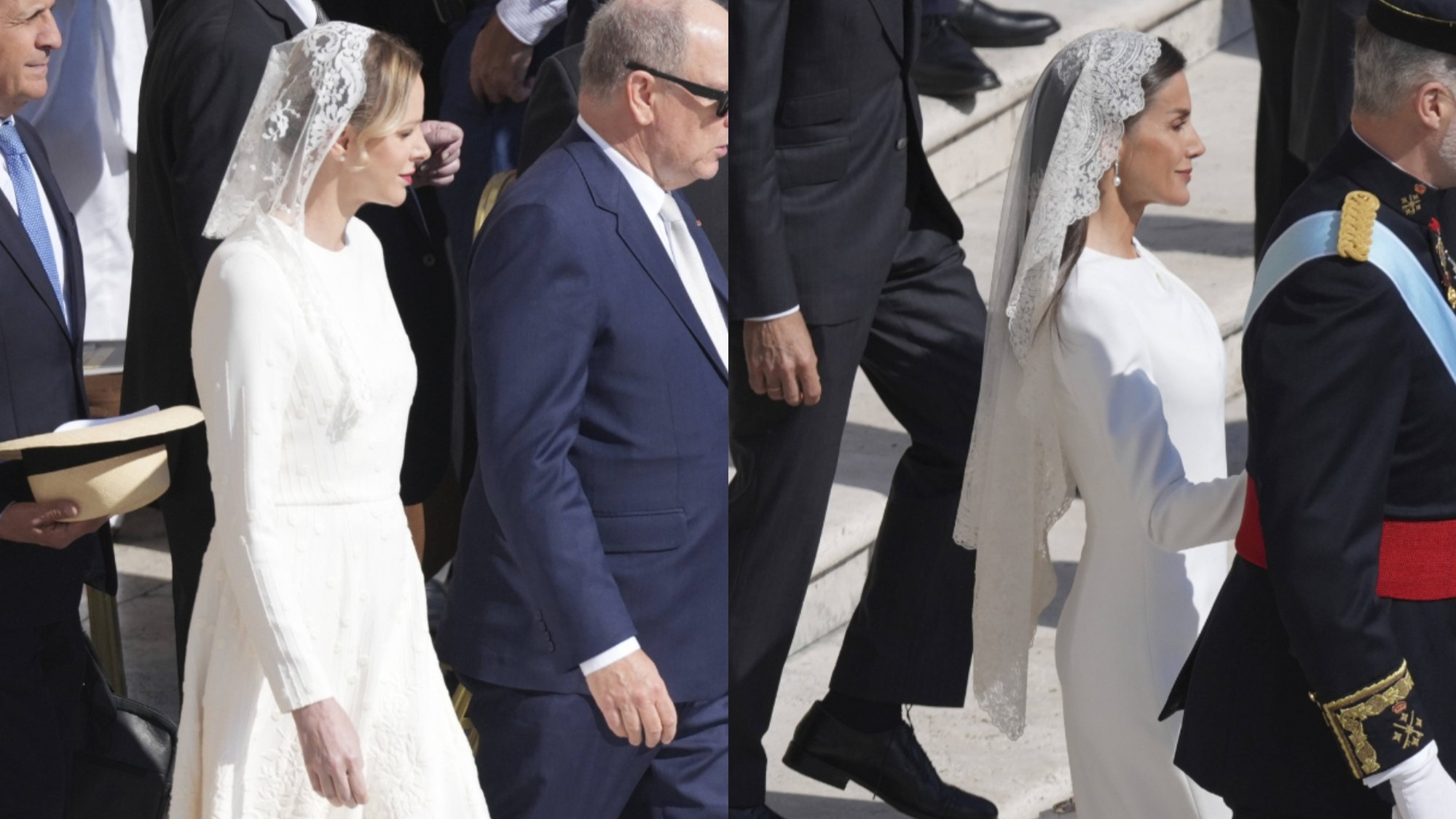 Voiles et robes d’inspiration nuptiale : Charlene de Monaco et Letizia d’Espagne font sensation en blanc lors de la messe inaugurale du pape Léon XIV