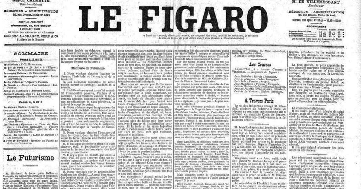 Le Figaro publie en Une le manifeste du Futurisme le 20 f vrier 1909